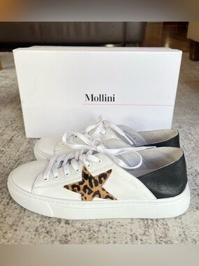 Mollini White Sneakers with Leopard Star and Black Heel
